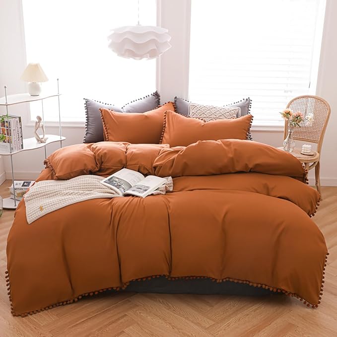 Pumpkin Comforter Set Full Burnt Orange Pom Comforter 3 Pieces Pumpkin Color Boho Ball Pom Fringe Full Comforter Bedding Set Women Solid Pumpkin Full Bed Comforter Set All Season Gift - LeafyLoom