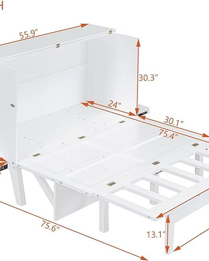 Murphy Bed Full Size with USB Port and Removable Shelves on Each Side, Wooden Platform Bedframe Foldable into Wall Cabinet, Space Saving, for Bedroom Guest Room Office, White - LeafyLoom