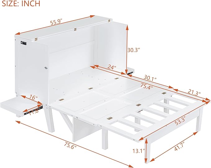 Murphy Bed Full Size with USB Port and Removable Shelves on Each Side, Wooden Platform Bedframe Foldable into Wall Cabinet, Space Saving, for Bedroom Guest Room Office, White - LeafyLoom