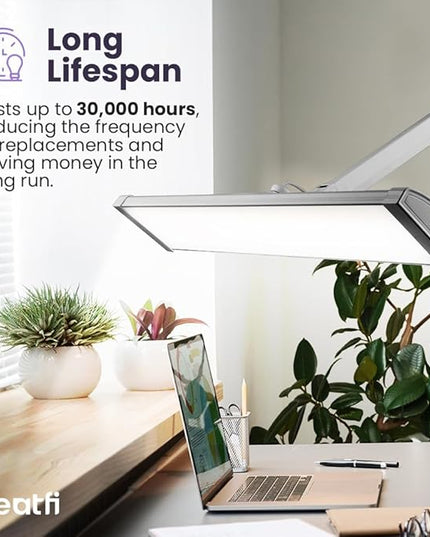 Neatfi Ultra 3,500 Lumen LED Desk Lamp, 45W, 26-Inch Wide Metal Shade, 270 SMD LEDs (Non-CCT with Clamp, Silver) - LeafyLoom