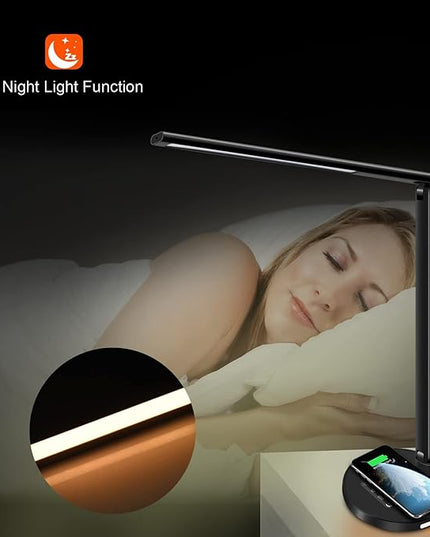 AFROG 8 in1 Multifunctional LED Desk Lamp with 10W Fast Wireless Charger,USB Charging Port, Night Light, 1200Lux Super Bright, 3 Lighting Mode, 5 Brightness,30/60 Min Timer, 12W Office Table Lamp - LeafyLoom