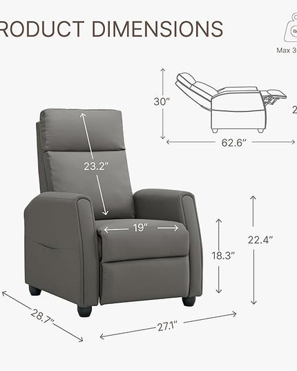 Recliner Chair for Adults PU Leather Push Back Armchair with 4 Colors Ambient Lighting Home Theater Seating with Massage & Heat Vibration Single Sofa for Living Room, Gray - LeafyLoom