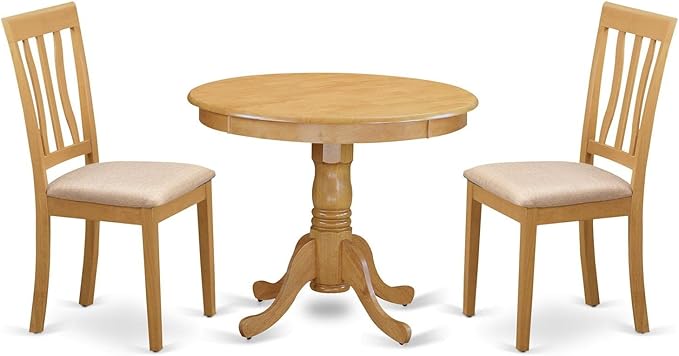 East West Furniture ANTI3-OAK-C 3 Piece Kitchen Set Contains a Round Table with Pedestal and 2 Linen Fabric Dining Room Chairs, 36x36 Inch - LeafyLoom