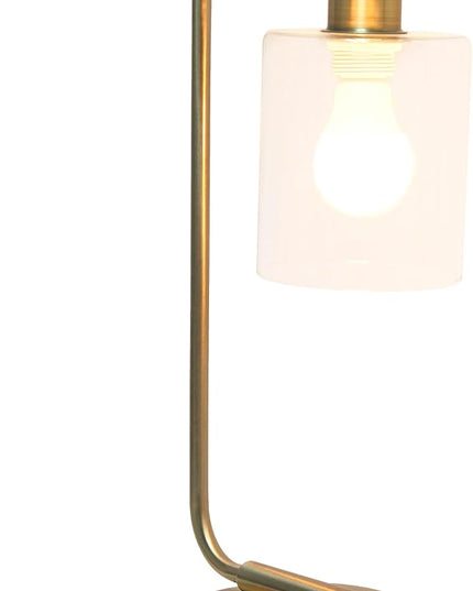 Simple Designs LD1066-ABS-LB Industrial Vintage Bronson Iron Lantern Desk Table Lamp with USB Port and Glass Cylinder Shade for Office, Living Room, Bedroom, Antique Brass, With Feit LED Bulb Included - LeafyLoom