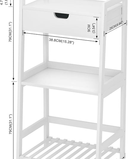 Bathroom Shelves, 3 Tier Ladder Shelf with Drawers, Bamboo Bookshelf Open Shelving, Nightstand Bookcase End Table Plant Stand for Living Room, Bedroom, Bathroom, Kitchen - LeafyLoom