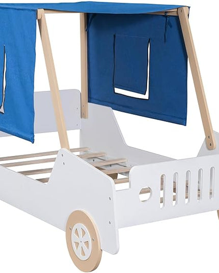 Full Size Race Jeep Car Bed Platform Bed with Tent Canopy and Wheels,Wood Bed Frame W/Raised Bed Design,for Kids Boys Girls Teens,White+Natural - LeafyLoom