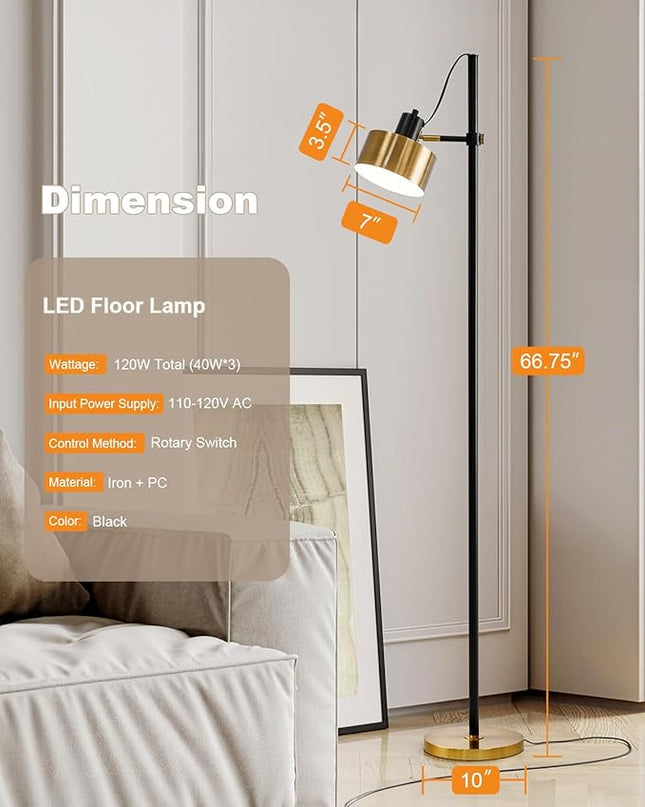 OYEARS Floor Lamp for Living Room Bright Lighting Tall Modern Industrial Vintage Standing Corner Lamps LED Metal Light Office Bedroom Study Gold Black White Matte Accent (1-Light, Gold) - LeafyLoom