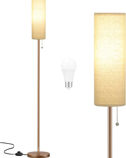 Ambimall Floor Lamp for Living Room with 3 Color Temperatures Bulb, 64" Standing lamp with Linen lampshade for Bedroom, Minimalist Pole Lamp, Dark Beige Shade & Brown Pole - LeafyLoom