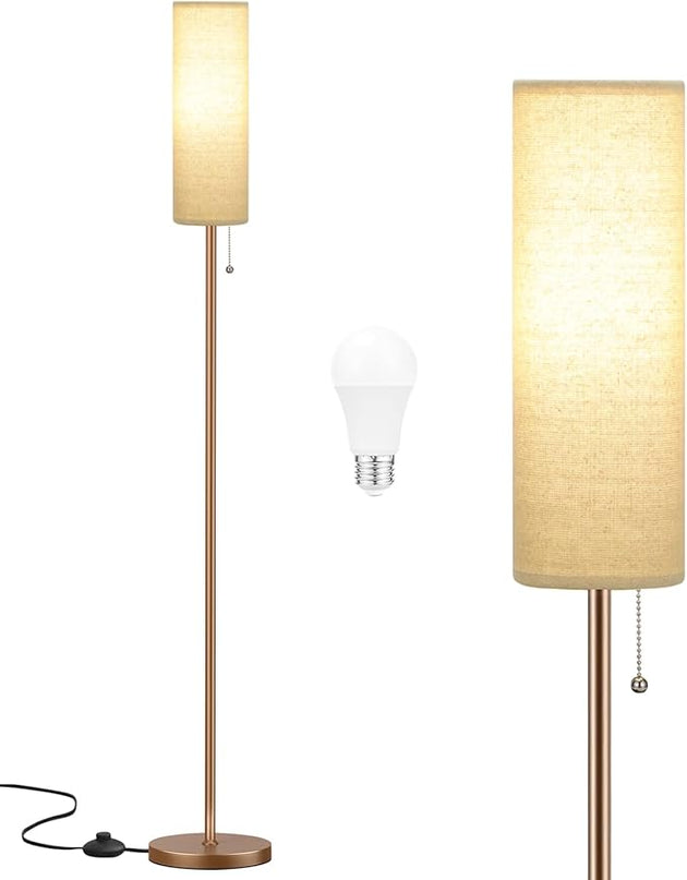 Ambimall Floor Lamp for Living Room with 3 Color Temperatures Bulb, 64" Standing lamp with Linen lampshade for Bedroom, Minimalist Pole Lamp, Dark Beige Shade & Brown Pole - LeafyLoom