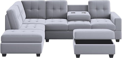 104" Modern L-Shape Sectional Sofa with Reversible Chaise &Storage Ottoman, Velvet Upholstered Couch w/Cup Holder, for Living Room, Apartment, 104 Inch, Gray - LeafyLoom