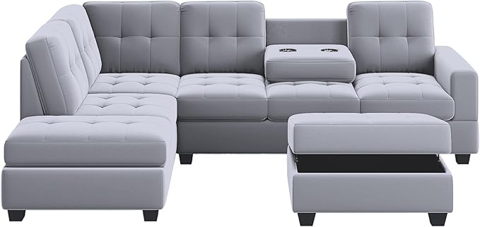 104" Modern L-Shape Sectional Sofa with Reversible Chaise &Storage Ottoman, Velvet Upholstered Couch w/Cup Holder, for Living Room, Apartment, 104 Inch, Gray - LeafyLoom