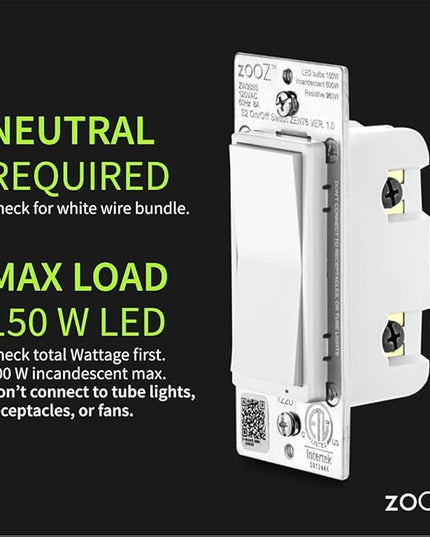 Zooz 800 Series Z-Wave Long Range S2 On Off Switch ZEN76 800LR, White | Simple Direct 3-Way and 4-Way Solution (Works with Regular Switches, No Aux Switch Needed) | Z-Wave Hub Required ZOOZ