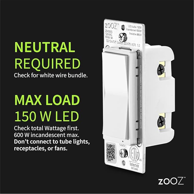 Zooz 800 Series Z-Wave Long Range S2 On Off Switch ZEN76 800LR, White | Simple Direct 3-Way and 4-Way Solution (Works with Regular Switches, No Aux Switch Needed) | Z-Wave Hub Required ZOOZ