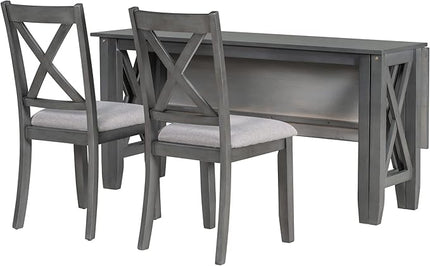 6-Piece Dining Room Table Set, Solid Wood Space Saving Foldable Diningtable and 4 Chairs with Bench for Kitchen Family, Gray - LeafyLoom