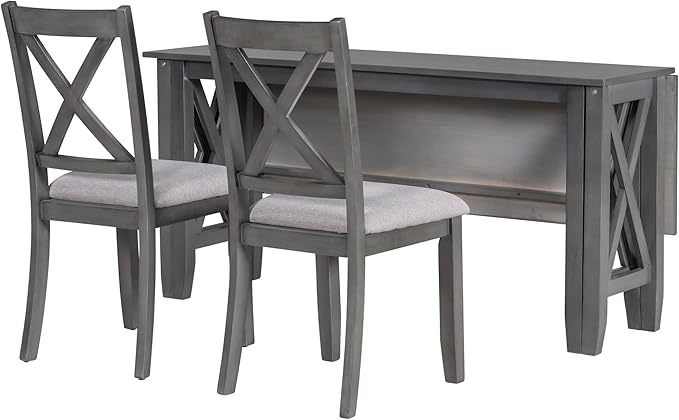6-Piece Dining Room Table Set, Solid Wood Space Saving Foldable Diningtable and 4 Chairs with Bench for Kitchen Family, Gray - LeafyLoom