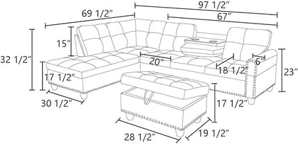 ROOMTEC L Shaped Sectional Sofa Set with Storage Ottoman, Left Facing Chaise Longue, Reversible Backrest w/ 2 Cup Holders, Flannel Tufted Cushions, for Living Room, Apartment, Grey White - LeafyLoom