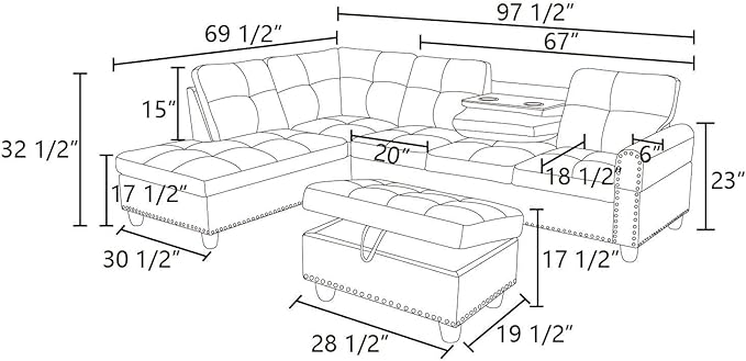ROOMTEC L Shaped Sectional Sofa Set with Storage Ottoman, Left Facing Chaise Longue, Reversible Backrest w/ 2 Cup Holders, Flannel Tufted Cushions, for Living Room, Apartment, Grey White - LeafyLoom