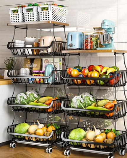 Wisdom Star 5 Tier Fruit Vegetable Basket for Kitchen with Wooden Tabletop, Storage Cart Vegetable Basket Bins for Onions and Potatoes, Wire Storage Basket Organizer Utility Cart with Wheels, Black - LeafyLoom