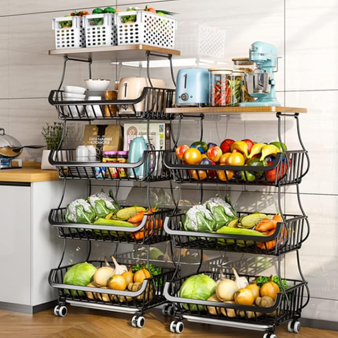 Wisdom Star 5 Tier Fruit Vegetable Basket for Kitchen with Wooden Tabletop, Storage Cart Vegetable Basket Bins for Onions and Potatoes, Wire Storage Basket Organizer Utility Cart with Wheels, Black - LeafyLoom