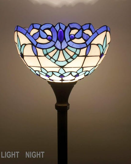 WERFACTORY Tiffany Floor Lamp Navy Blue Baroque Stained Glass Light 12X12X66 Inches Pole Torchiere Standing Corner Torch Uplight Decor Bedroom Living Room Home Office S003B Series - LeafyLoom