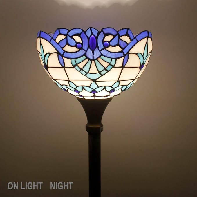 WERFACTORY Tiffany Floor Lamp Navy Blue Baroque Stained Glass Light 12X12X66 Inches Pole Torchiere Standing Corner Torch Uplight Decor Bedroom Living Room Home Office S003B Series - LeafyLoom