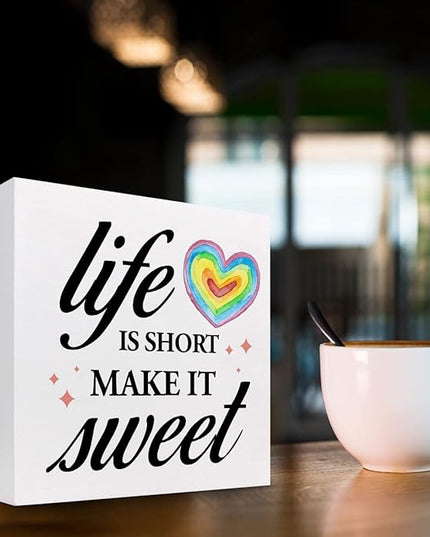 Life Is Short Make It Sweet Sign,Inspirational Quote Wood Box Sign,Motivational Signs Wooden Block Rainbow Decorations for Home Office Shelf Decor - LeafyLoom
