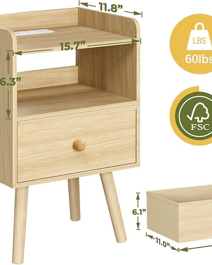 Yoobure Nightstand with Charging Station, Modern Night Stand with LED Lights, Wood Nightstands with Fabric Drawer & Storage Shelf, Night Stands Bedside Table with USB Ports for Bedroom, Office, Home - LeafyLoom