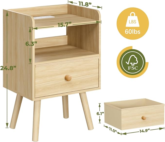 Yoobure Nightstand with Charging Station, Modern Night Stand with LED Lights, Wood Nightstands with Fabric Drawer & Storage Shelf, Night Stands Bedside Table with USB Ports for Bedroom, Office, Home - LeafyLoom