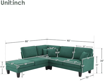90" Modern L-Shape Sectional Sofa with Chaise Lounge,5-Seat Practical Couch Set W/ 3 Pillows,7''Leg Height,Minimalist Style,Indoor Furniture for Living Room Apartment Office,Green Terrycloth - LeafyLoom