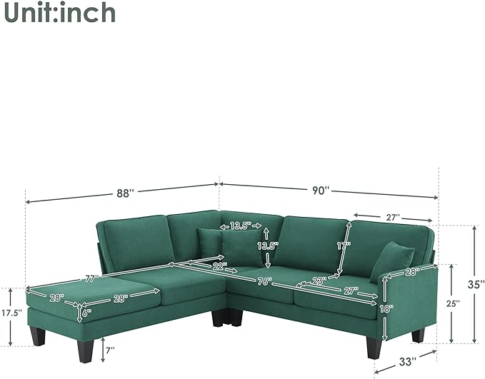90" Modern L-Shape Sectional Sofa with Chaise Lounge,5-Seat Practical Couch Set W/ 3 Pillows,7''Leg Height,Minimalist Style,Indoor Furniture for Living Room Apartment Office,Green Terrycloth - LeafyLoom