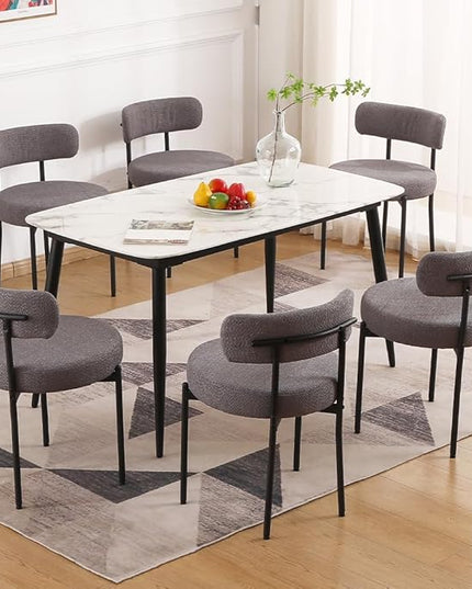 EDWELL Boucle Dining Chairs Set of 6, Modern Upholstered Dining Room Chairs with Black Metal Legs, Dark Grey Curved Backrest Kitchen Chair for Dining Room, Living Room - LeafyLoom