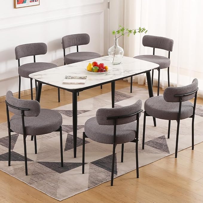 EDWELL Boucle Dining Chairs Set of 6, Modern Upholstered Dining Room Chairs with Black Metal Legs, Dark Grey Curved Backrest Kitchen Chair for Dining Room, Living Room - LeafyLoom