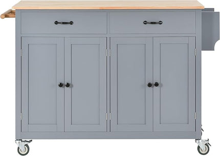 54" W Kitchen Island Table with Solid Wood Top &Spice Rack, Kitchen-Cart w/ 4 Door Cabinet and 2 Drawers Including a Flatware Organizer for Dinning Room, Coffee Bar - LeafyLoom