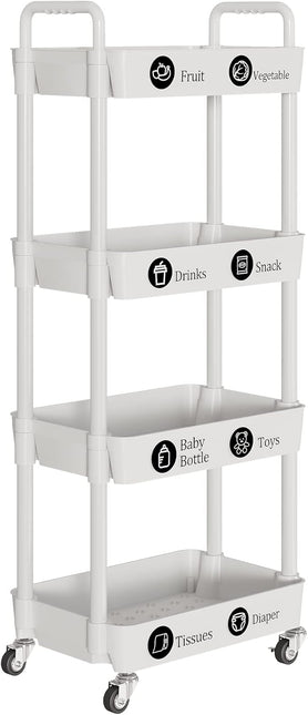 4-Tier Storage Cart,Multifunction Utility Rolling Cart Kitchen Storage Organizer,Mobile Shelving Unit Cart with Lockable Wheels for Bathroom,Laundry,Living Room,With Classified Stickers,White - LeafyLoom