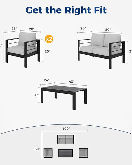Wisteria Lane 4-Piece Aluminum Patio Furniture Set, Outdoor Furniture with Coffee Table, Metal Sofa Set for Deck, Porch, Balcony, Indoor, Black Frame & Light Grey Cushion - LeafyLoom