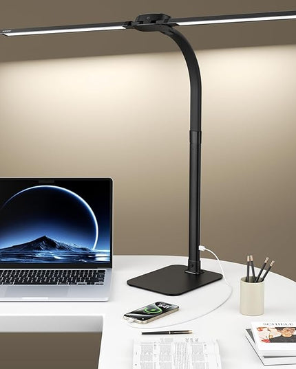 Desk Lamp with USB Charging Port for Home Office 24w Architect Remote Base Dual Task Led Light Modern 5 Color Modes Dimmable Adjustable Gooseneck Double Head Reading Drafting Eye Caring Tall Lamps - LeafyLoom