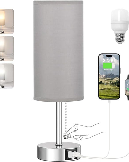 Grey Table Bedside Lamp for Bedroom Nightstand - Small Silver Lamp with USB A + C Charging Port, 3 Color Temperatures Pull Chain Night Stand Light with Bulb, Side Table Desk Lamp for Living Room - LeafyLoom