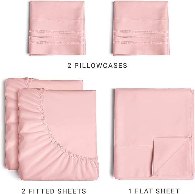 Split King Size 5 Piece Sheet Set - Comfy Breathable & Cooling Sheets - Hotel Luxury Bed Sheets for Women & Men - Deep Pockets, Easy-Fit, Soft & Wrinkle Free Sheets - Baby Pink Oeko-Tex Bed Sheet Set - LeafyLoom