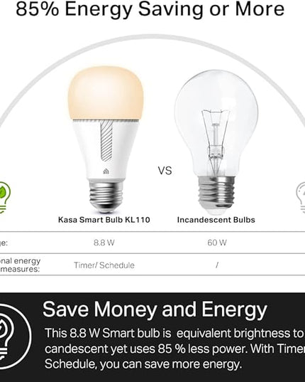 Kasa Smart Light Bulb KL110, LED Wi-Fi smart bulb works with Alexa and Google Home, A19 Dimmable, 2.4Ghz, No Hub Required, 800LM Soft White (2700K), 9W (60W Equivalent) KasaSmartbyTP-Link