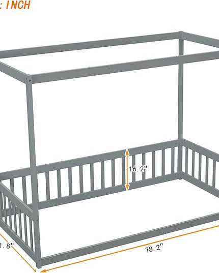 Twin Size Canopy Bed Frame with Guardrails for Kids,Floor Bed Twin with Four Poster Design,Kids Montessori Floor Bed,Wood Canopy Bed Frame for Girls,Boys(Twin,Grey) - LeafyLoom