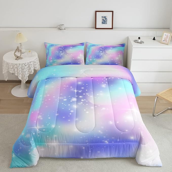 Erosebridal Ombre Comforter Rainbow Comforter Set Twin Tie Dye Galaxy Duvet Set Nebula Bedding Starry Sky Quilt Set Pastel Stars Glitter Bedding Set Purple Blue Bedroom Decorative Down Alternative - LeafyLoom