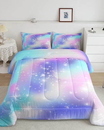 Erosebridal Ombre Comforter Rainbow Comforter Set Queen Tie Dye Galaxy Duvet Set Nebula Bedding Starry Sky Quilt Set Pastel Stars Glitter Bedding Set Purple Blue Bedroom Decorative Down Comforter - LeafyLoom
