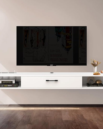 Floating TV Unit, 79'' Wall Mounted TV Cabinet, Floating Shelves with Door, Modern Entertainment Media Console Center Large Storage TV Bench for Living Room & Office (78.74IN, White) - LeafyLoom