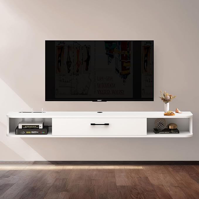 Floating TV Unit, 79'' Wall Mounted TV Cabinet, Floating Shelves with Door, Modern Entertainment Media Console Center Large Storage TV Bench for Living Room & Office (78.74IN, White) - LeafyLoom