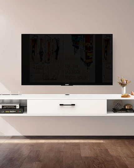 Floating TV Unit, 71'' Wall Mounted TV Cabinet, Floating Shelves with Door, Modern Entertainment Media Console Center Large Storage TV Bench for Living Room & Office (70.86IN, White) - LeafyLoom