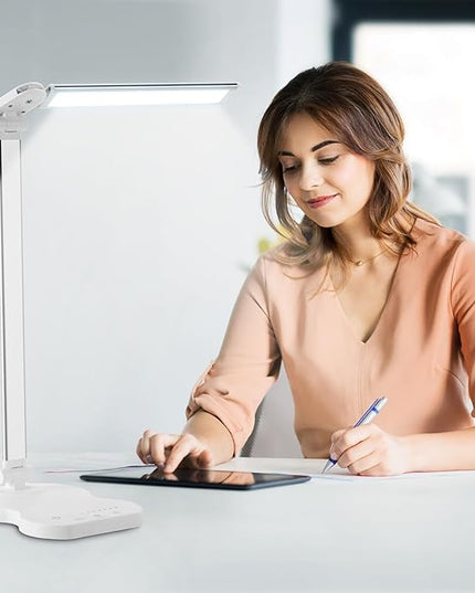 Led Desk Lamp with USB Charging Port, 5 Lighting Colors & 10 Brightness Reading Lamp, Foldable Dimmable LED Desk Light, 3000-6500K, Violin Shape Lamp Desk Lamps for Home Office-White - LeafyLoom