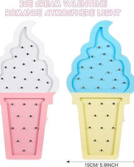 2 Pcs Ice Cream Valentine Romance Atmosphere Light Wooden Ice Cream LED Night Light Ice Cream Theme Valentine Romance Lamps Battery Operated LED Night Lights for Birthday Party Decor (Blue-Yellow) - LeafyLoom