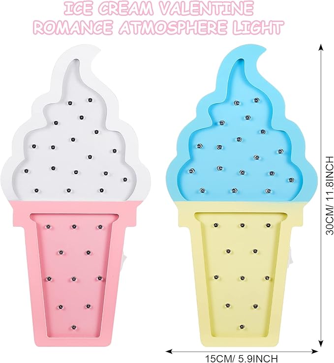 2 Pcs Ice Cream Valentine Romance Atmosphere Light Wooden Ice Cream LED Night Light Ice Cream Theme Valentine Romance Lamps Battery Operated LED Night Lights for Birthday Party Decor (Blue-Yellow) - LeafyLoom