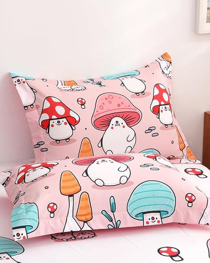 Wajade Kids Cute Mushroom Comforter Set Bed in A Bag Full Size 7 Piece Pink Cartoon Mushroom Head Bedding Set for Girls (1 Comforter, 1 Flat Sheet, 1 Fitted Sheet, 2 Pillowcase and 2 Pillow Sham) - LeafyLoom