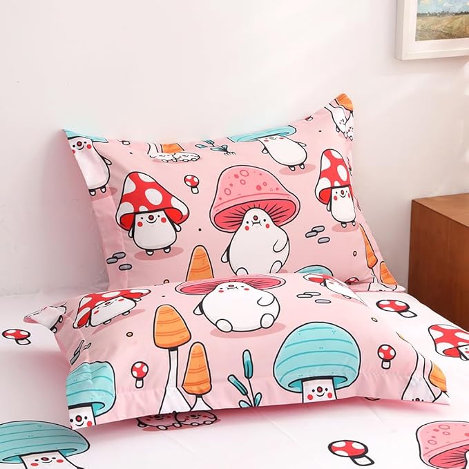 Wajade Kids Cute Mushroom Comforter Set Bed in A Bag Full Size 7 Piece Pink Cartoon Mushroom Head Bedding Set for Girls (1 Comforter, 1 Flat Sheet, 1 Fitted Sheet, 2 Pillowcase and 2 Pillow Sham) - LeafyLoom